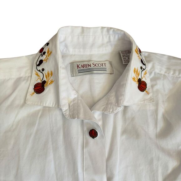 Karen Scott Tops - Vintage white button down with autumn embroidered trim Pumpkin Buttons‎ Small